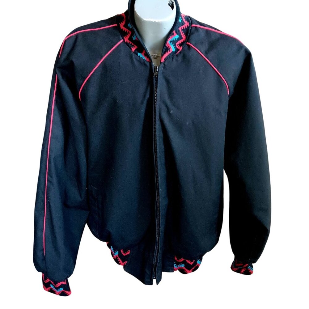 XL Vintage Men's Bee-Wild Jacket Black Bomber Zigzag USA Southwestern USA 1980's